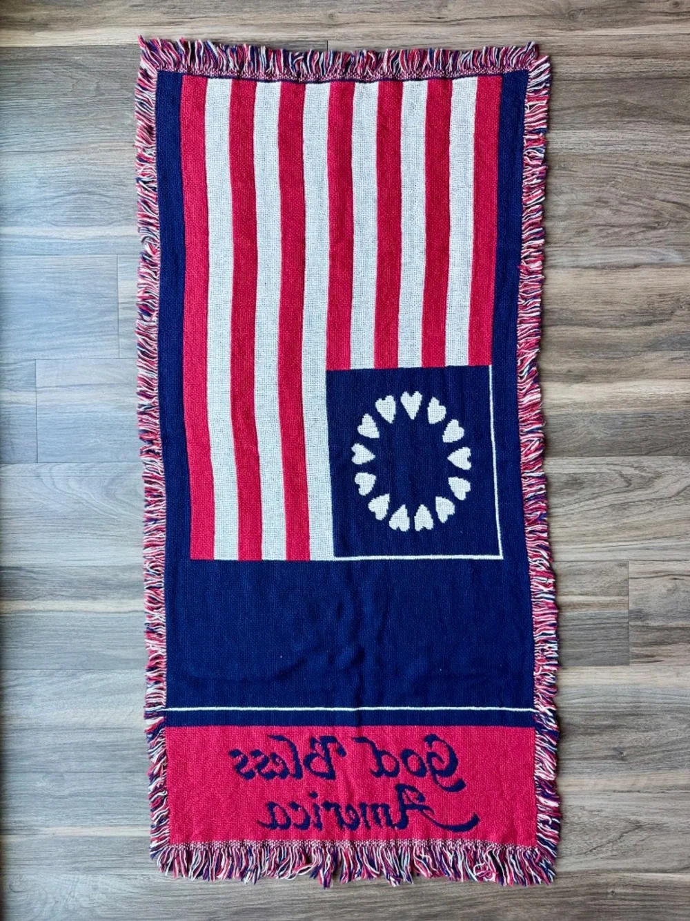 Vintage Americana God Bless America Woven Cotton Fringe Tapestry Wall Decor